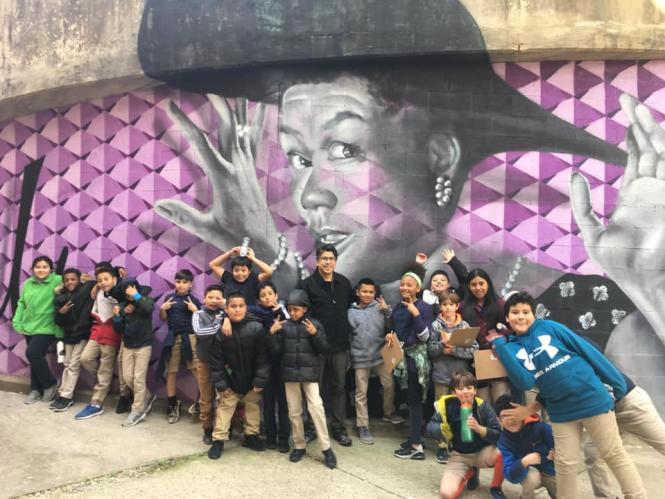 Pearl Bailey Mural with students from the Kids making History Mural project