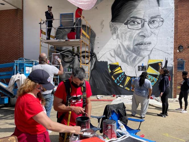 Mural in progress of Supreme Court Justic Marshall and Ginsburg