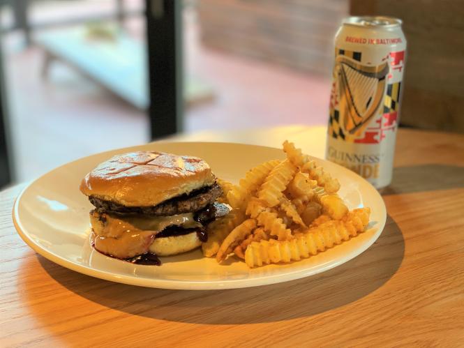 PBJ Burger and Fries with a Guinness Open Gate Brewery Blonde