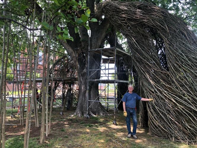 The artist and sculptor Patrick Dougherty stands before his Maryland Hall installation.