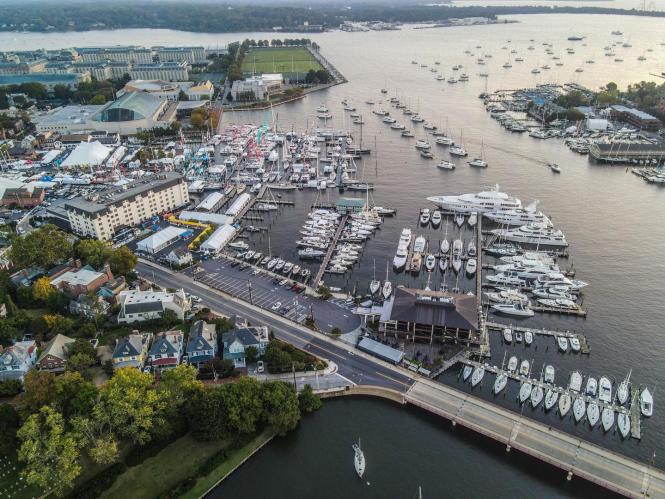 Aerial view of Annapolis harbor during sailboat show with loads of boats looking out across the water to the Chesapeake Bay
