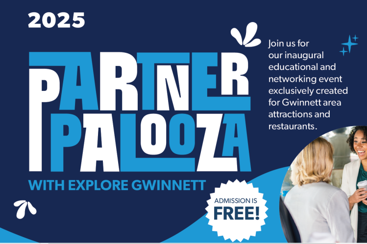 Partnerpalooza graphic with navy blue and light blue. Inaugural education and networking event for attractions, restaurants and hospitality partners