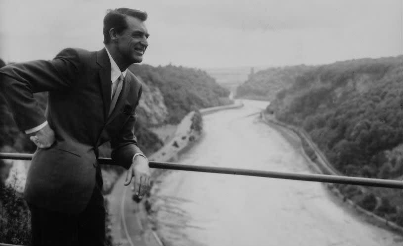 A black and white image of Cary Grant overlooking the Avon Gorge in Clifton, West Bristol - credit Alan Grifee