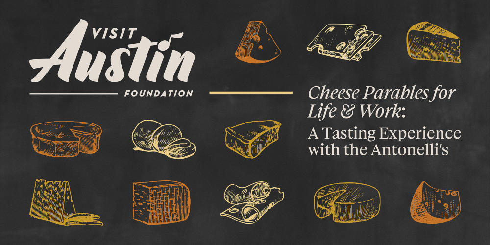 Graphic images of cheese on a slate board with the title "Cheese Parables for Life & Work".