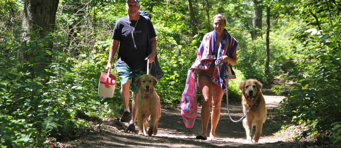 People with their dogs on trail