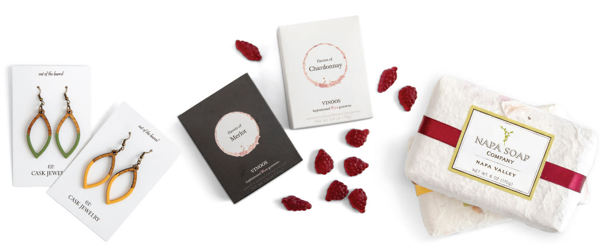 Earrings, Wine Gummies, and Soap sold at the Napa Valley Welcome Center