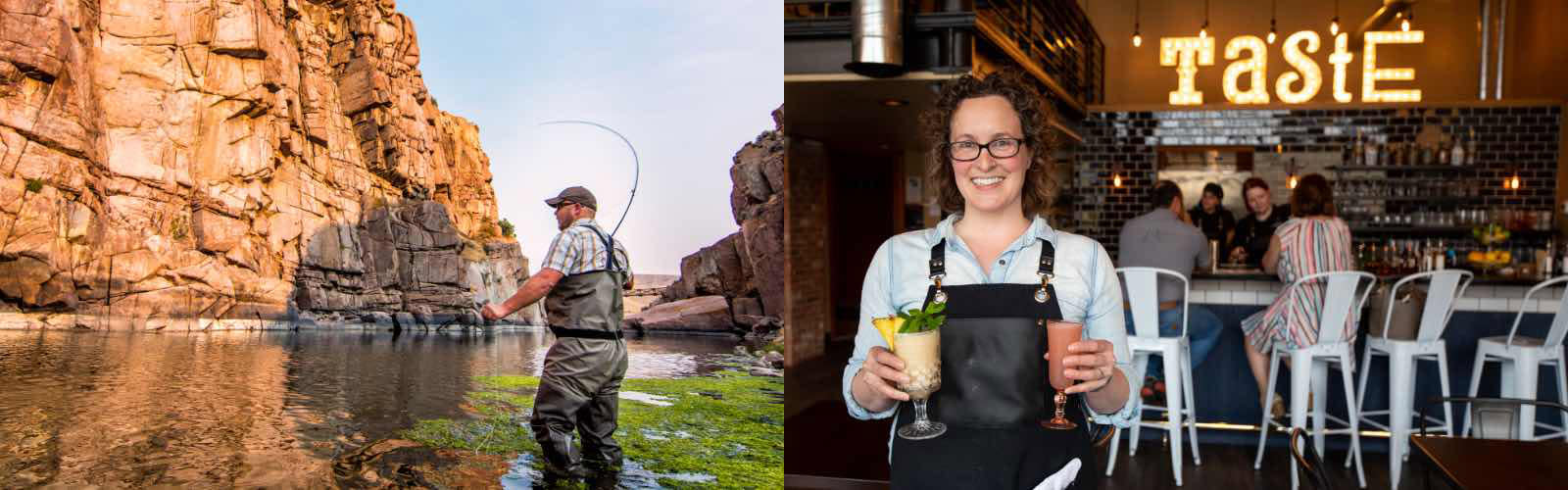 A man wearing full waders is fly fishing in Fremont Canyon surrounded by high rock cliffs on a trip to Casper, Wyoming and A female server wearing a leather apron and a big smile  is standing with two cocktails in her hands.