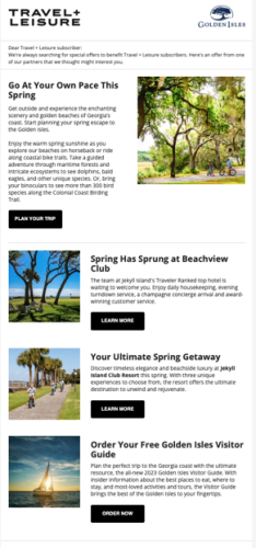 This is an example of a custom co-op email with Travel + Leisure.