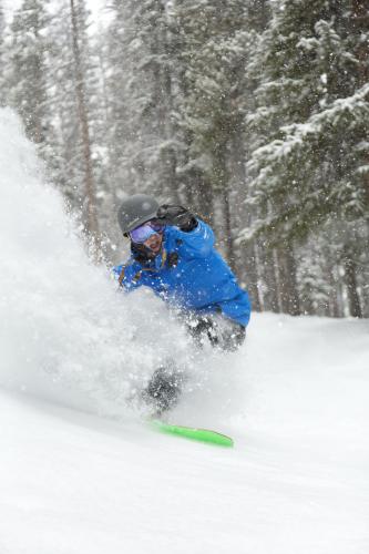 Snowboarding powder day at Snowy Range Ski Area, Centennial, Wyoming