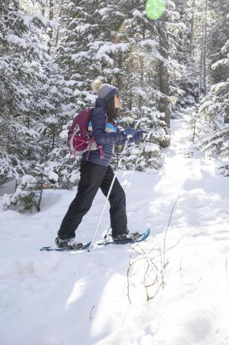 Woman showshoeing in Wyoming's snowy range with dappled light