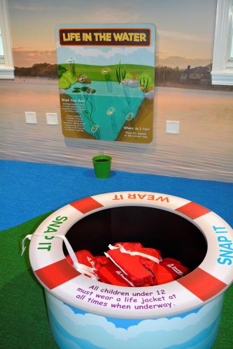 Display with life jackets and life in the water facts on the wall