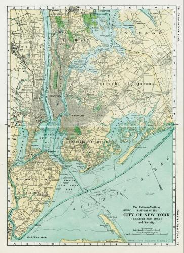 Antique cartographic map titled "Matthews-Northrup Hand-Map of the City of New York (Greater New York) and Vicinity," showing the five boroughs and surrounding region in muted greens, blues, and tans, likely produced around the time of the 1898 consolidation.
