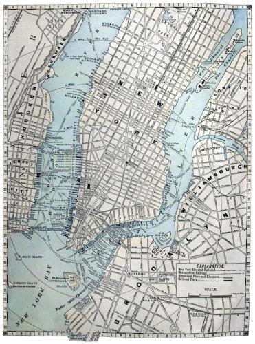Antique map of lower Manhattan and the surrounding region, including Brooklyn, Jersey City, and New York Bay, showing the irregular street layout of lower Manhattan in contrast to the planned grid pattern of upper Manhattan.