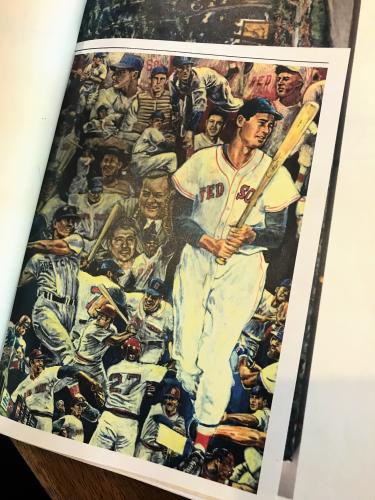 Red Sox player holding bat, caricatures of many other plalyers behind him