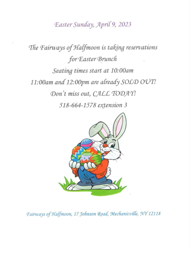 Fairways brunch announcement with Easter bunny graphic