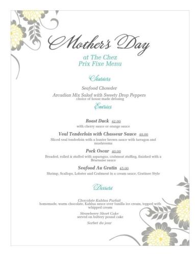 Chez Pierre Mother's Day menu