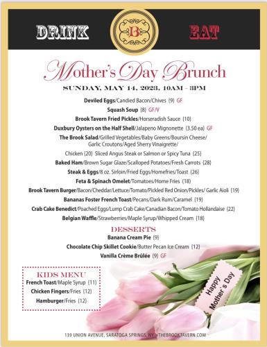 Printed Brook Tavern Mother's Day menu