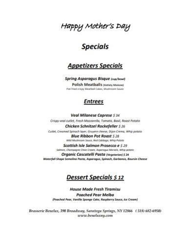 Brasserie Benelux Mother's Day menu