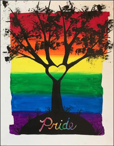 Painting of tree with heart and rainbow color background with "pride"