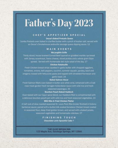 Blue menu listing OBI Father's Day specials