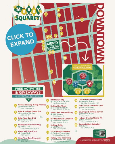map of Merry on the Squarey activities in Downtown San Marcos
