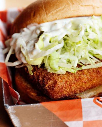 My Burger's version of a fish sandwich with lettuce and tartar sauce. $1 off savings through April 3, 2026 with code FRYDAY.