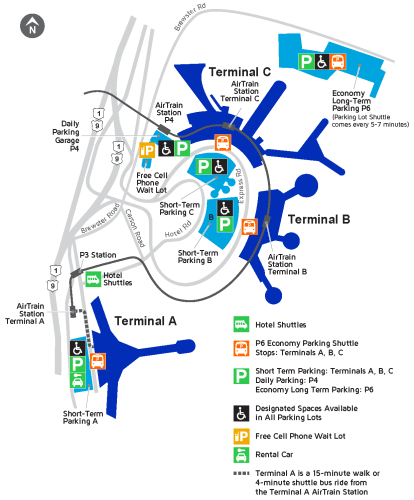 Map of Newark Liberty International Airport showing Terminals A, B, and C with AirTrain stations, short-term and long-term parking lots, a free cell phone wait lot, hotel shuttle stops, and rental car areas. Terminal A is noted as a 15-minute walk or 4-minute shuttle ride from its AirTrain station.