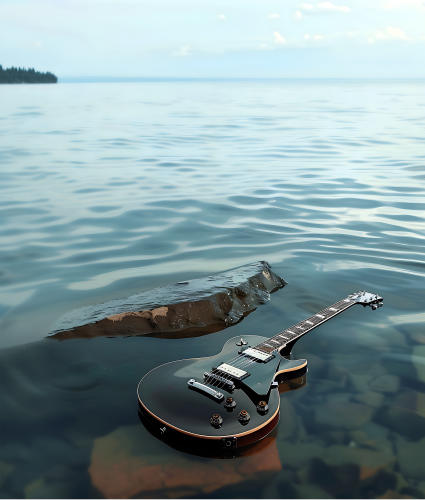 A guitar sitting on a rock in lake superior