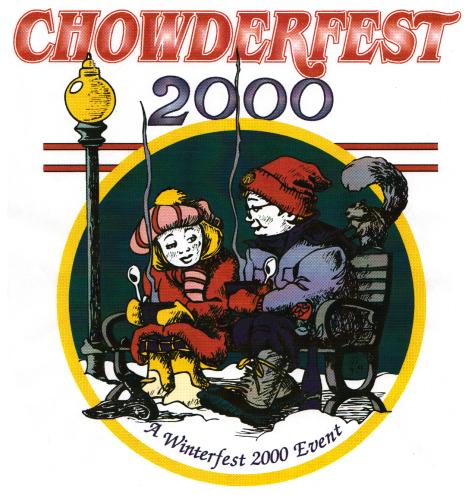 2000 Chowderfest logo with boy and girl sitting on bench and steam coming up from their soup bowls