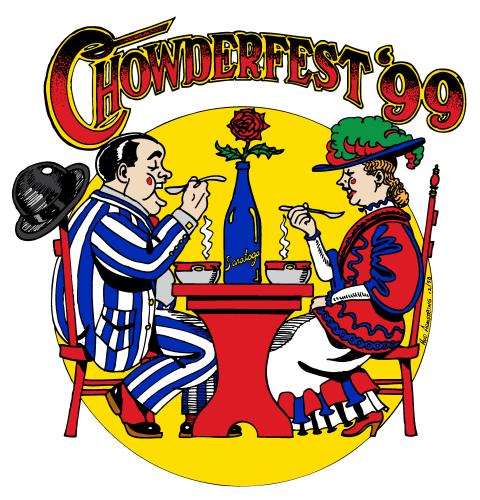 1999 Chowderfest logo with cartoon man and woman sitting at table with spoons to their mouths