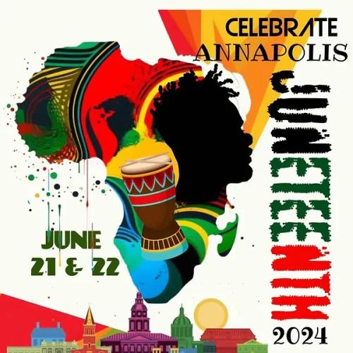 Annapolis Juneteenth Logo featuring graphics of Africa and the city of Annapolis