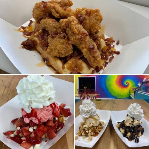 A grid of pictures displaying waffles with various delicious toppings from The Funky Waffle.