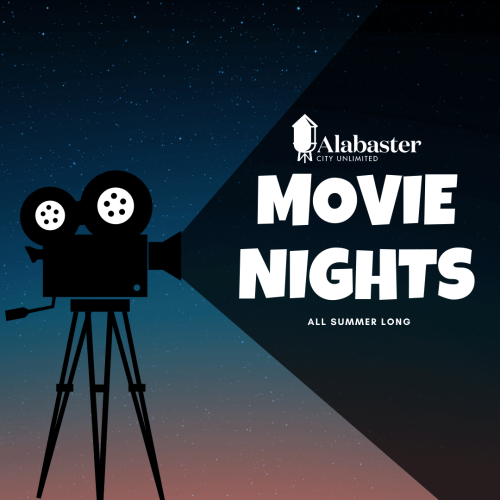 A cartoon film projector stands against a night sky. The projector emits a massage that reads "Alabaster City Unlimited: Movie Nights All Summer Long"