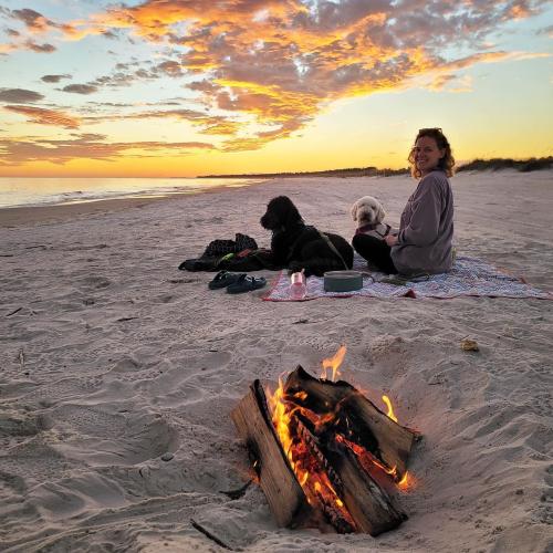 A woman and her dogs enjoy a beautiful bonfire on the beach.