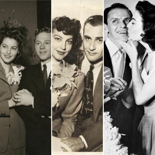 Collage of three wedding photos of Ava Gardner, one each with Mickey Rooney, Artie Shaw, and Frank Sinatra.