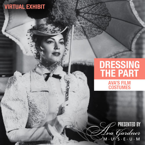 Ava Gardner in costume holding parasol. Promo graphic for Ava's Film Costumes virtual Exhibit