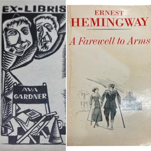 Ava Gardner's copy of A Farewell to Arms. Graphic shows Ava Gardner's Ex-Libris bookplate which was inside the front cover of the book, which is shown on the right. A Farewell to Arms by Ernest Hemingway