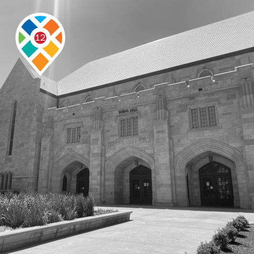 Black and white photo of Budig Hall, Lawrence, KS