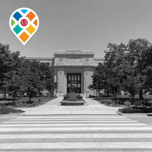 Black and white photo of Strong Hall, Lawrence, KS