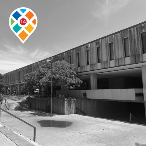 Black and white photo of Wescoe Hall