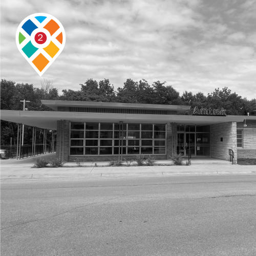 Black and white photo of Santa Fe Station