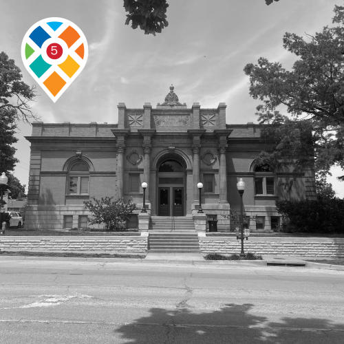 Black and white photo of Carnegie Building in Lawrence, KS