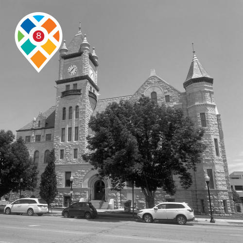 Black and white photo of Douglas County Courthouse, Lawrence, KS