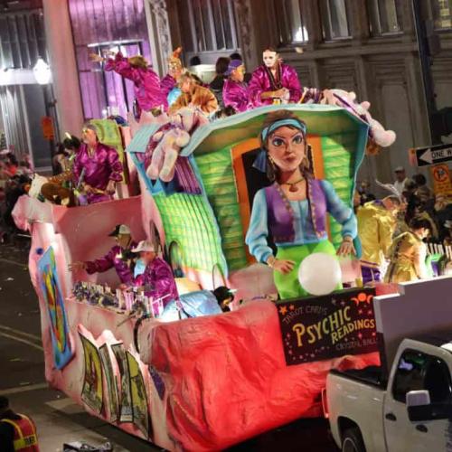Mardi Gras float with psychic readers motif