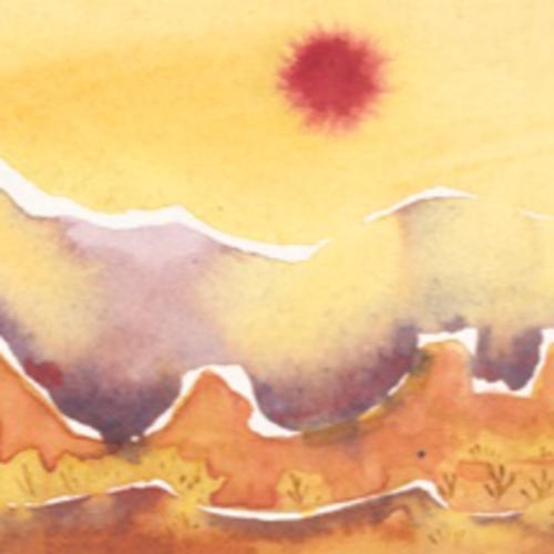 Abstract watercolor of a desert landscape with jagged orange-brown hills under a yellow sky. A sun-like circle glows in the sky, creating a warm, serene mood.