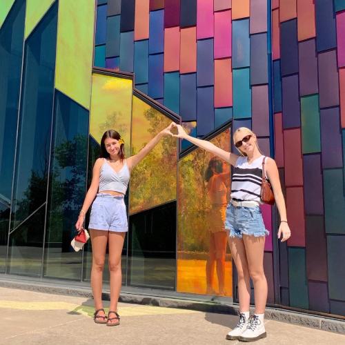 Two girls at Prairie Fire Museum in Overland Park Kansas