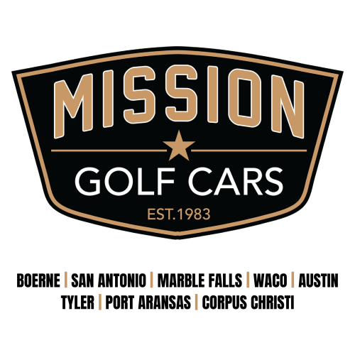 Mission golf cars logo in a black and gold badge design