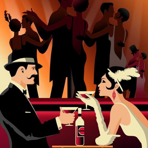 A couple enjoying cocktails in an illustration of a speakeasy