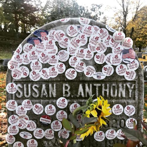 Susan B. Anthony's Grave with "I Voted" Stickers