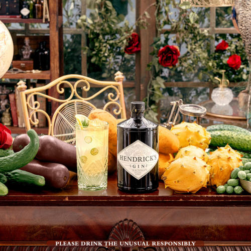 Cocktail and bottle of gin displayed with many gourds